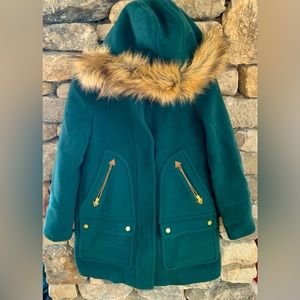 J. Crew hunter green wool nello gori wool parka coat fur hood 2